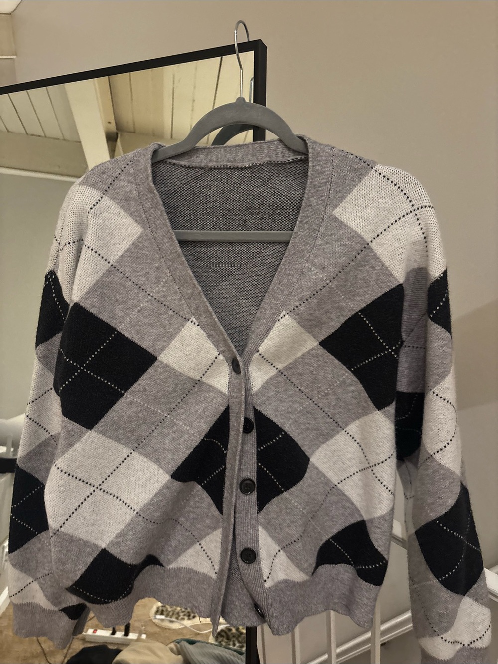 Grey and Black Argyle V-Neck Button Cardigan Sweater